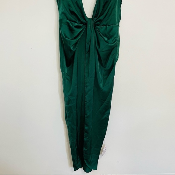 Plunging Neckline Satin Sexy Ruched Cinched Draped Tulip Open Back Midi Dress - Picture 6 of 9